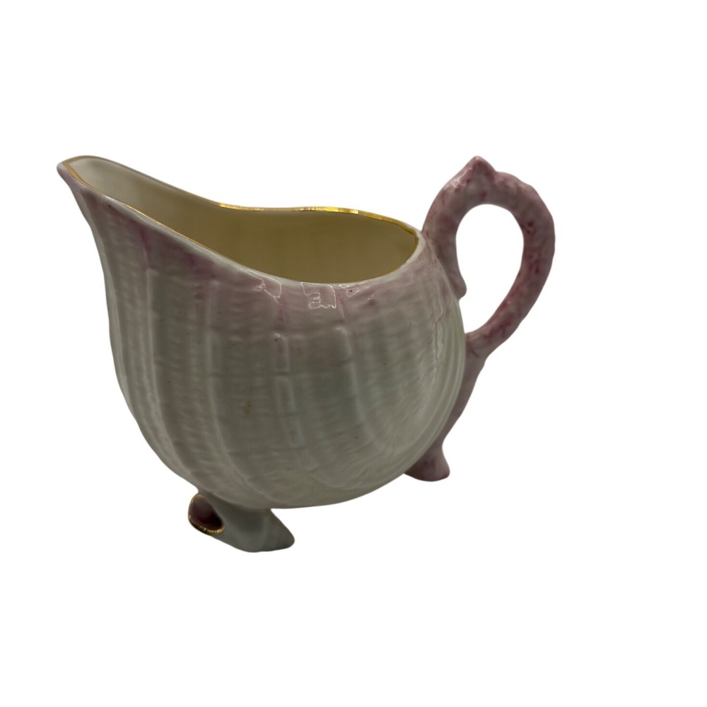 Belleek Ireland Pink Shell Creamer Pitcher Parian China Gold Trim Nautilus Irish
